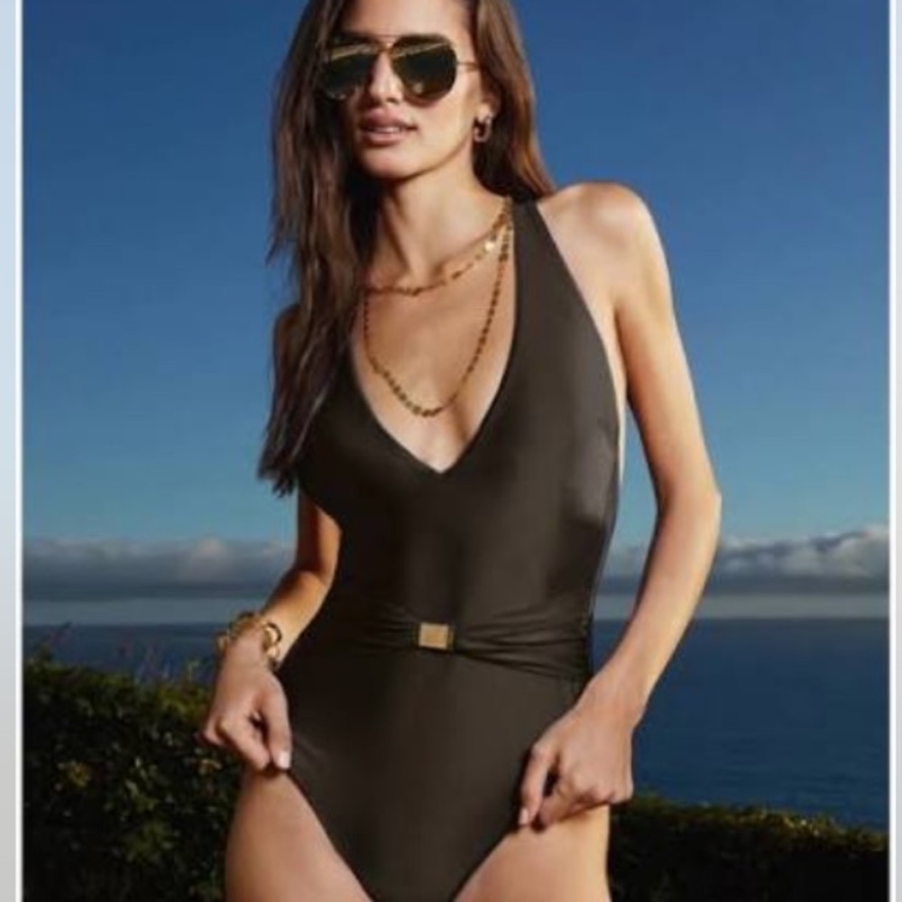 L'AGENCE Lisa Plunge One-Piece Swimsuit Black Gold Coin Size XL - Picture 4 of 16